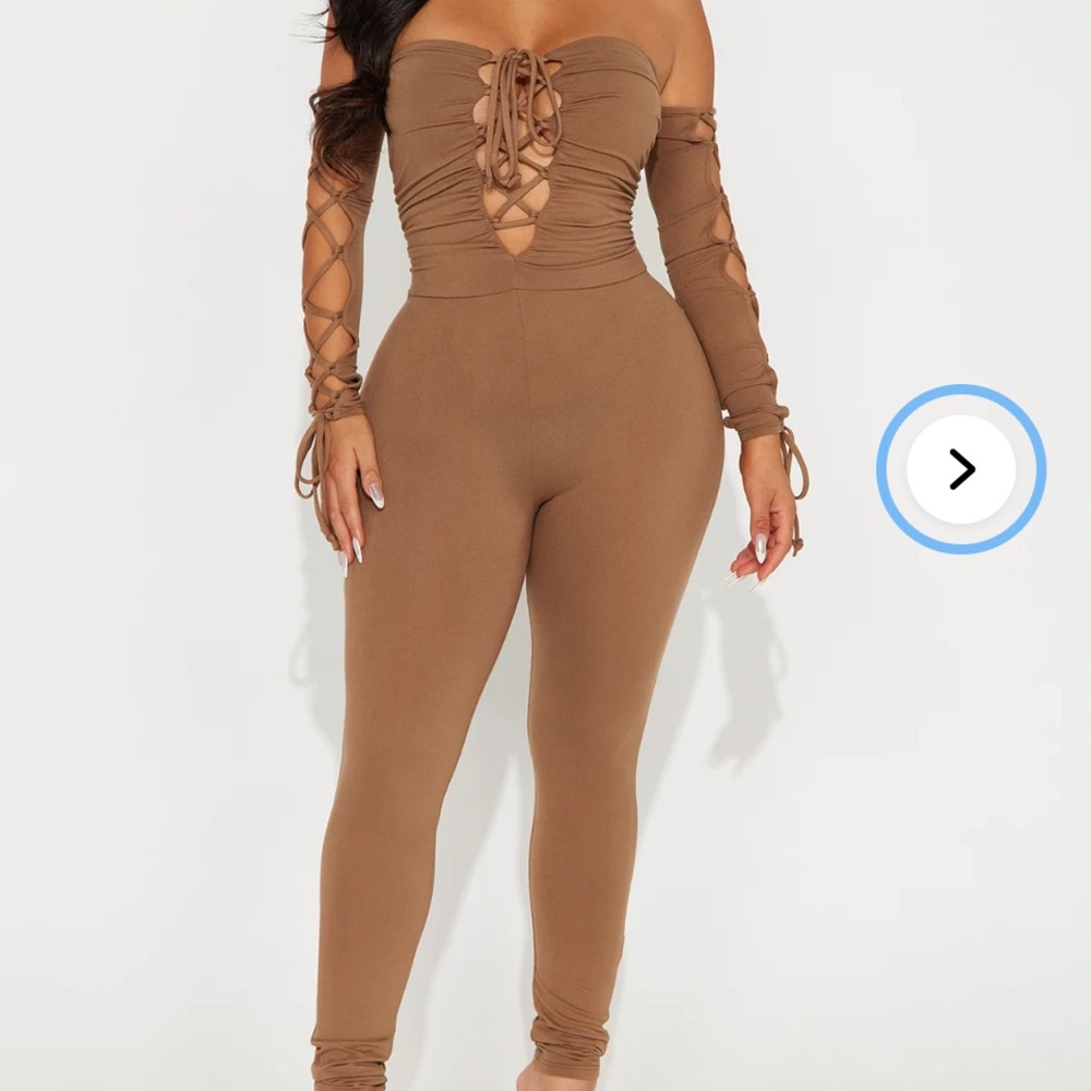Fashion Nova Ruched Lace-Up Strapless Jumpsuit in Camel Brown